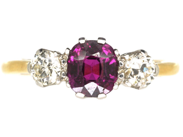 Art Deco 18ct Gold, Ruby & Diamond Three Stone Ring