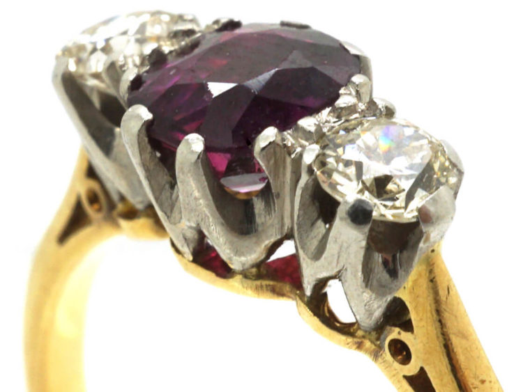 Art Deco 18ct Gold, Ruby & Diamond Three Stone Ring