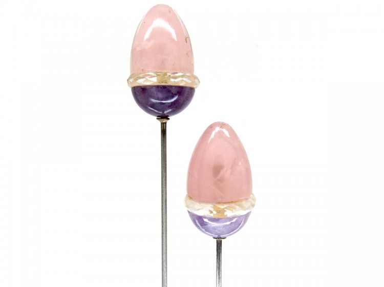Edwardian Pair of Amethyst & Rose Quartz, Amethyst & Rock Crystal Acorn Hatpins in Original Case