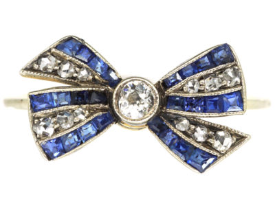 Art Deco 18ct Gold, Sapphire, Diamond & Rose Diamond Bow Ring