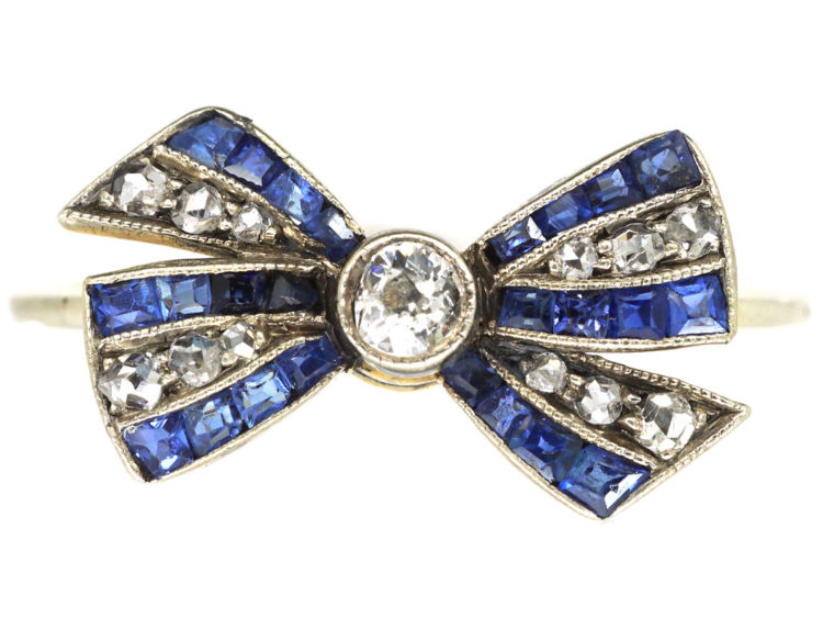 Art Deco 18ct Gold, Sapphire, Diamond & Rose Diamond Bow Ring