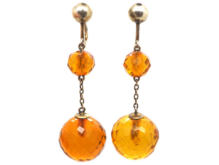 Edwardian Silver & Faceted Amber Drop Earrings