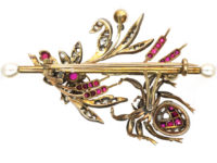 Victorian Diamond & Ruby & Natural Pearl Spider & Bee Brooch
