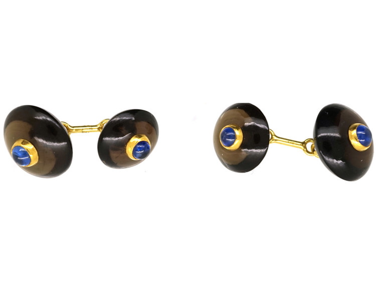 18ct Gold Smoky Quartz & Cabochon Sapphire Cufflinks