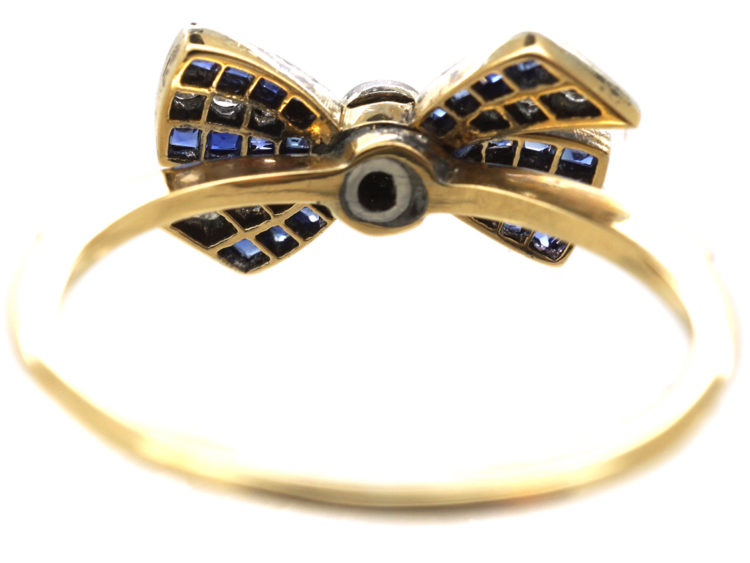 Art Deco 18ct Gold, Sapphire, Diamond & Rose Diamond Bow Ring