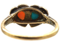 Victorian 18ct Gold Double Heart Ring set with Rose Diamonds, Turquoise & Coral