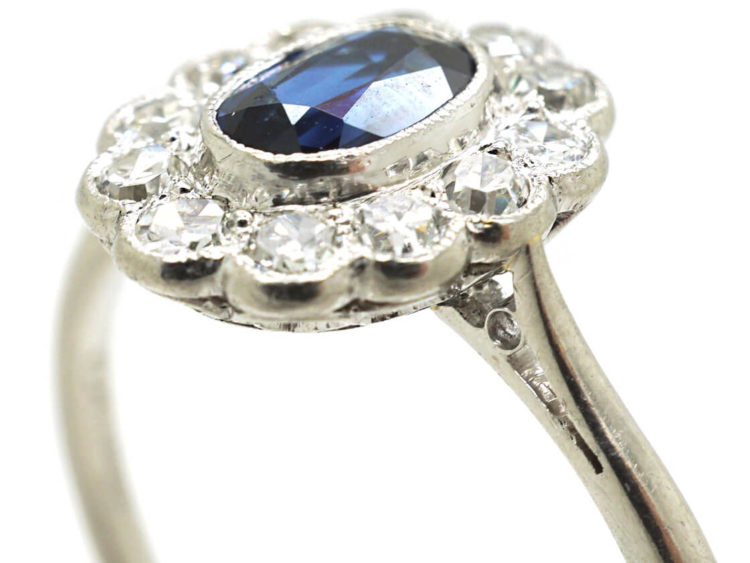 Edwardian Platinum, Sapphire & Diamond Oval Cluster Ring