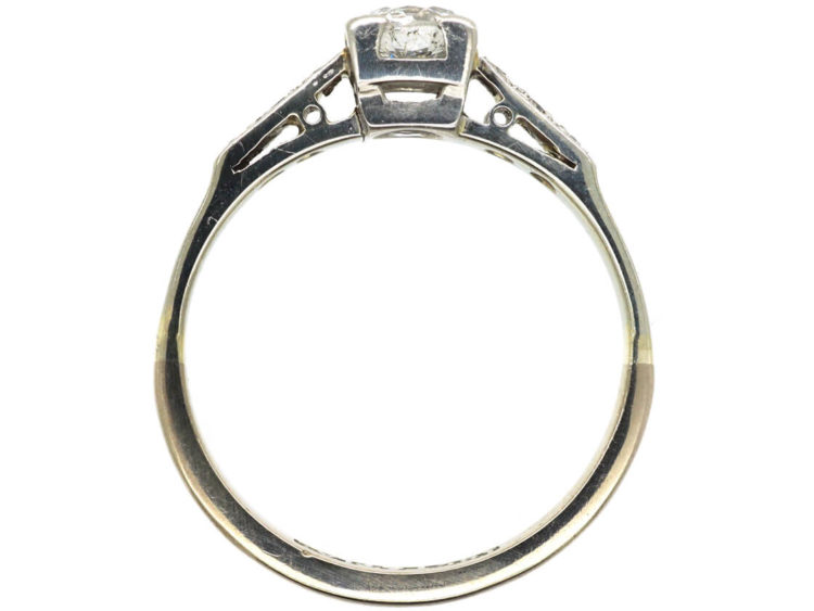 Art Deco 18ct Gold & Platinum, Diamond Solitaire Ring with Diamond Set Shoulders