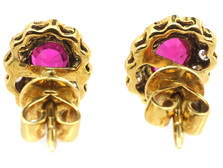 18ct Gold Ruby & Diamond Oval Cluster Earrings