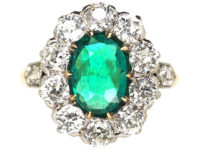 Edwardian 18ct Gold Colombian Emerald & Diamond Cluster Ring