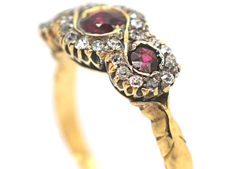 Edwardian 18ct Gold, Ruby & Diamond Triple Cluster Ring
