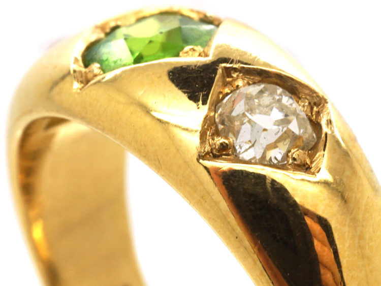 Victorian 18ct Gold, Green Garnet & Diamond Three Stone Gypsy Ring