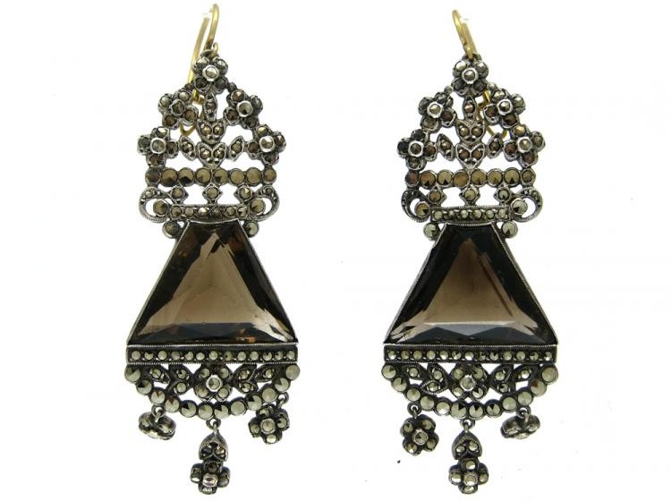 Ornate Smoky Quartz & Marcasite Earrings