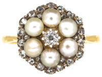 Edwardian 18ct Gold Natural Pearl & Diamond Cluster Ring
