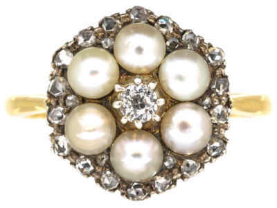 Edwardian 18ct Gold Natural Pearl & Diamond Cluster Ring Edwardian 18ct Gold Natural Pearl & Diamond Cluster Ring