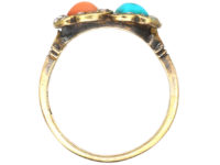 Victorian 18ct Gold Double Heart Ring set with Rose Diamonds, Turquoise & Coral