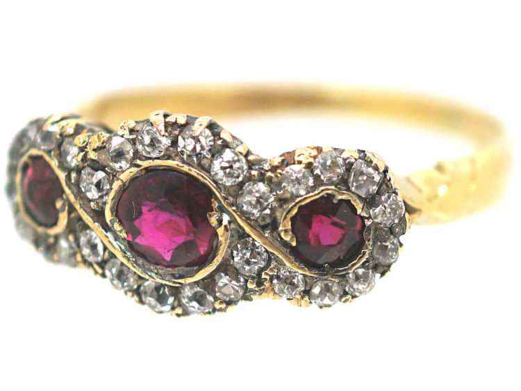 Edwardian 18ct Gold, Ruby & Diamond Triple Cluster Ring