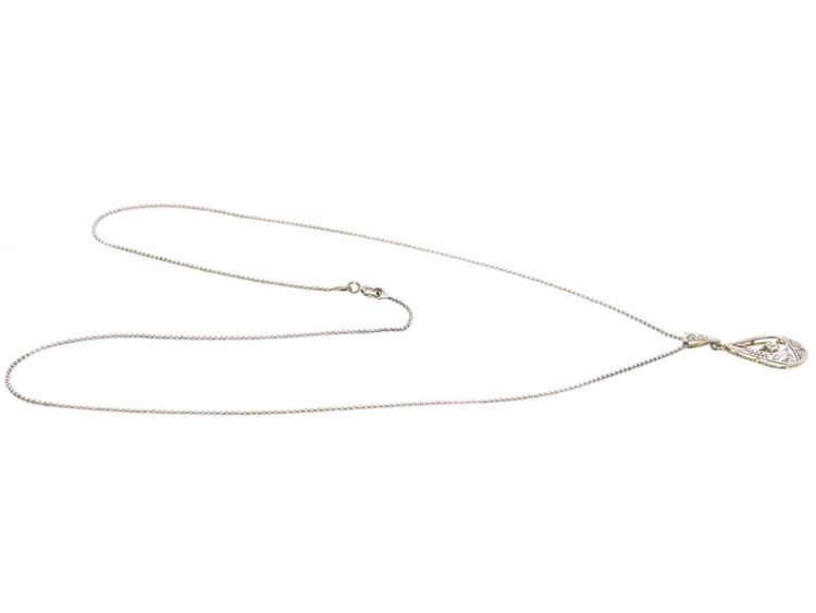 French 18ct White & Yellow Gold Art Deco Diamond Pendant on 18ct White Gold Chain