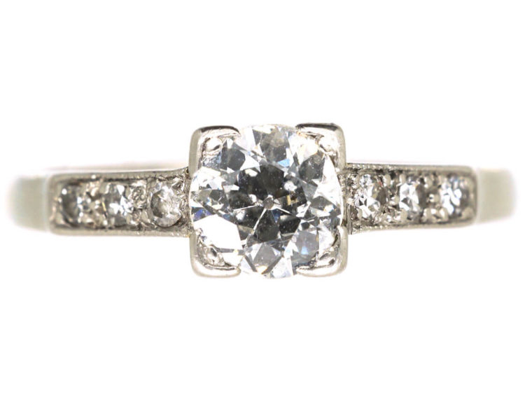 Art Deco 18ct Gold & Platinum, Diamond Solitaire Ring with Diamond Set Shoulders