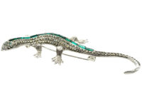 Art Deco Silver & Green & White Paste Lizard Brooch