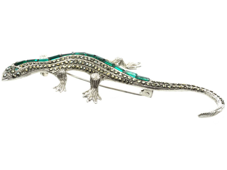 Art Deco Silver & Green & White Paste Lizard Brooch