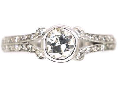 18ct White Gold Solitaire Diamond Ring with Pave Set Diamond Shoulders