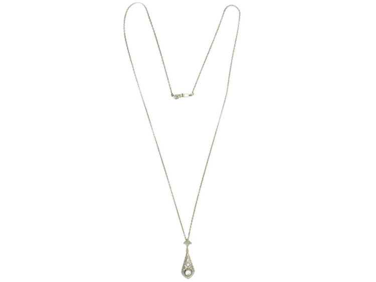 Art Deco 14ct White Gold Diamond Solitaire Pendant on 14ct White Gold Chain