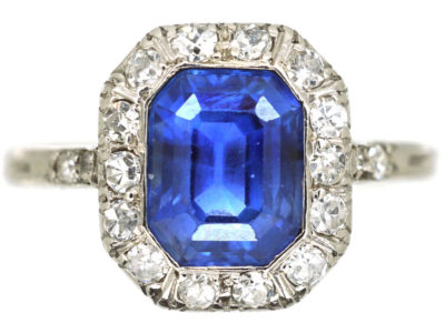Art Deco Ceylon Sapphire & Diamond Platinum Octagonal Shaped Ring