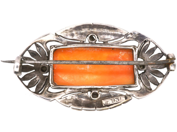 Silver & Marcasite Carved Shell Cameo Brooch by Theodor Fahrner