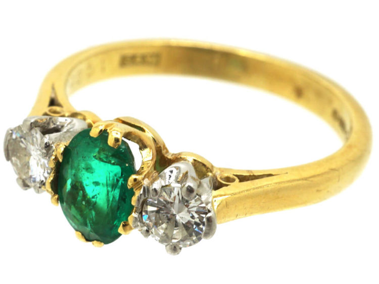 18ct Gold, Emerald & Diamond Three Stone Ring