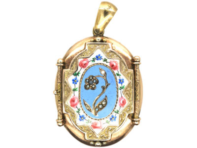 Victorian 9ct Gold, Forget Me Not Enamel & Natural Split Pearl Oval Locket