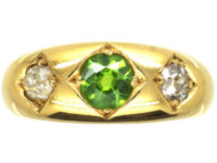 Victorian 18ct Gold, Green Garnet & Diamond Three Stone Gypsy Ring