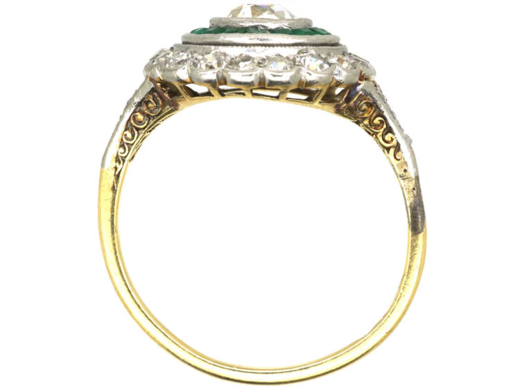 Art Deco 14ct Gold & Platinum, Diamond & Emerald Target Ring