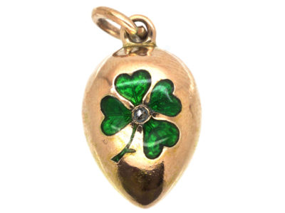 Edwardian 15ct Gold Egg Pendant With Green Enamel & Rose Diamond Shamrock