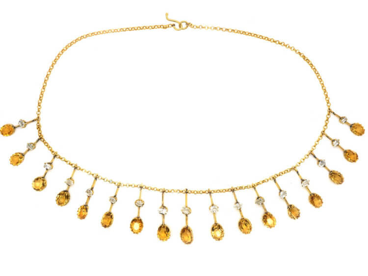 Edwardian 15ct Gold Fringe Necklace set with Citrines & Rock Crystal