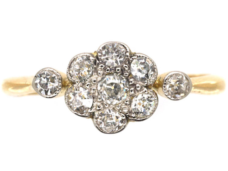 Edwardian 18ct Gold & Platinum, Diamond Cluster Ring With Diamond Set Shoulders