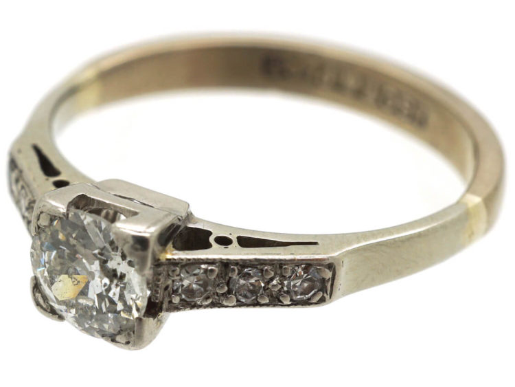 Art Deco 18ct Gold & Platinum, Diamond Solitaire Ring with Diamond Set Shoulders