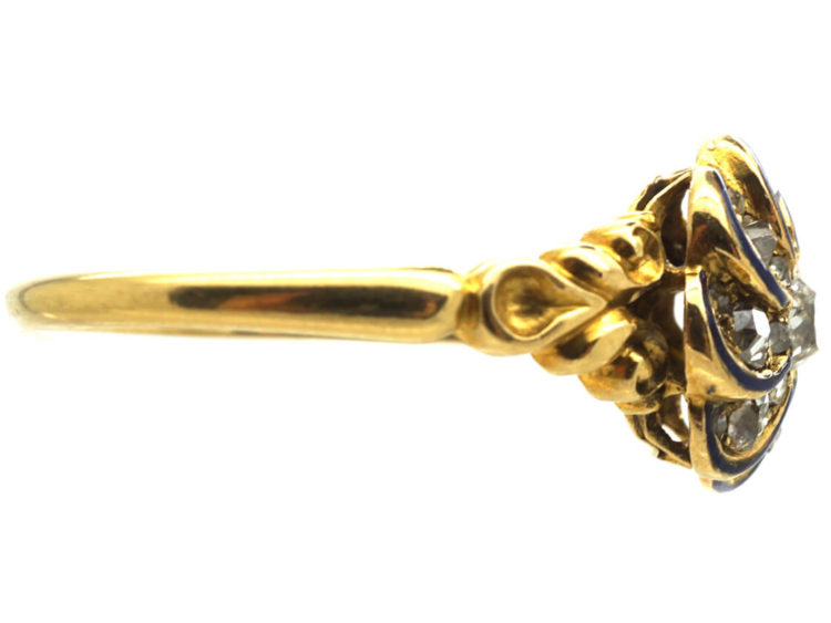 Victorian 18ct Gold, Blue Enamel & Diamond Swirl Ring