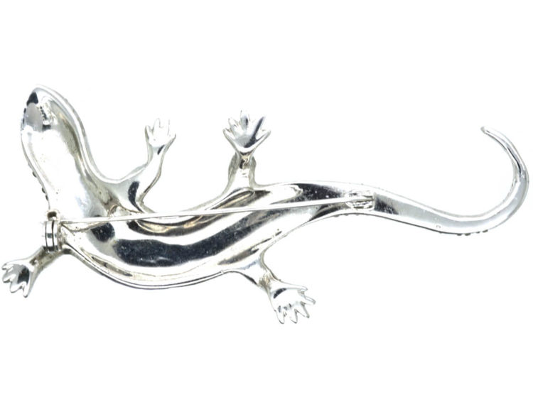 Art Deco Silver & Green & White Paste Lizard Brooch