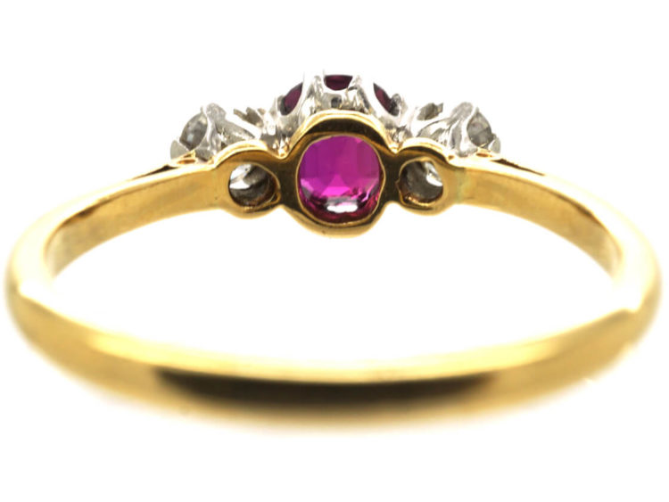 Art Deco 18ct Gold, Ruby & Diamond Three Stone Ring