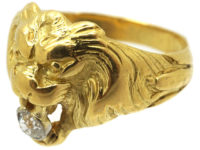 French 18ct Gold Belle Epoque Lion Ring set with a Diamond