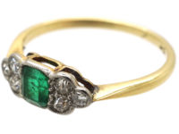 Art Deco 18ct Gold & Platinum, Emerald & Diamond Ring