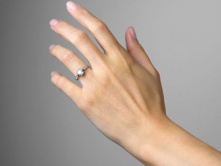 Art Deco Platinum & Diamond Solitaire Ring With Diamond Set Shoulders