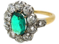 Edwardian 18ct Gold Colombian Emerald & Diamond Cluster Ring