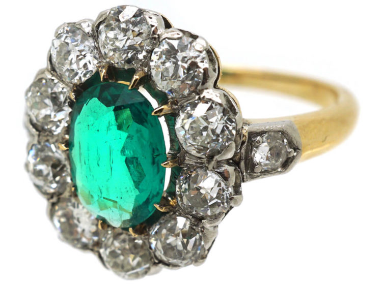 Edwardian 18ct Gold Colombian Emerald & Diamond Cluster Ring