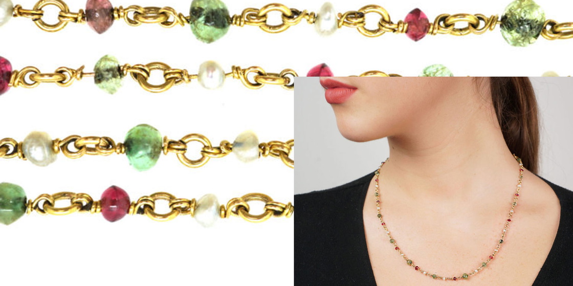 Edwardian 18ct Gold, Emerald, Ruby & Natural Pearl Chain
