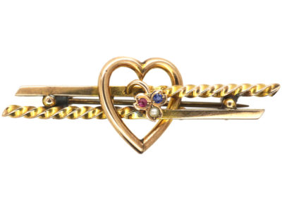 Edwardian 9ct Gold Brooch with Heart & Three Leaf Clover