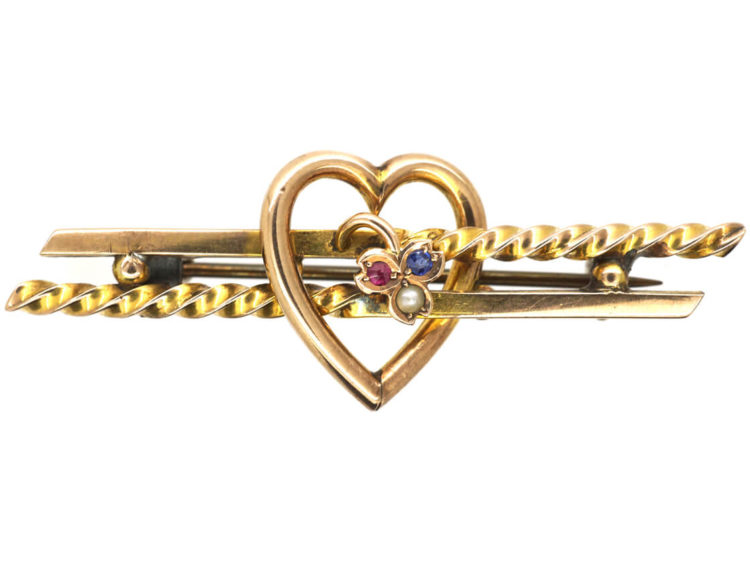Edwardian 9ct Gold Brooch with Heart & Three Leaf Clover