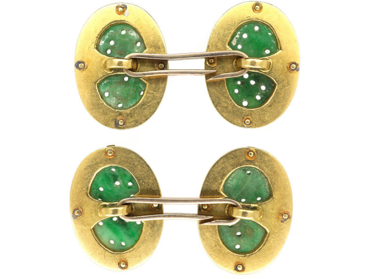 Art Deco 18ct Gold, Jade & White Enamel Oval Cufflinks