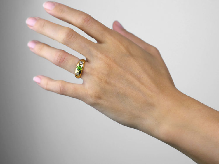 Victorian 18ct Gold, Green Garnet & Diamond Three Stone Gypsy Ring